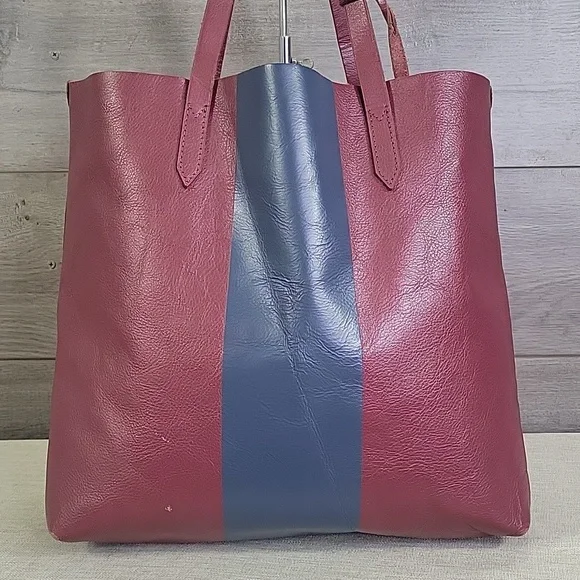 Large J.Crew Burgundy Striped Leather Tote Bag - Picture 2 of 14
